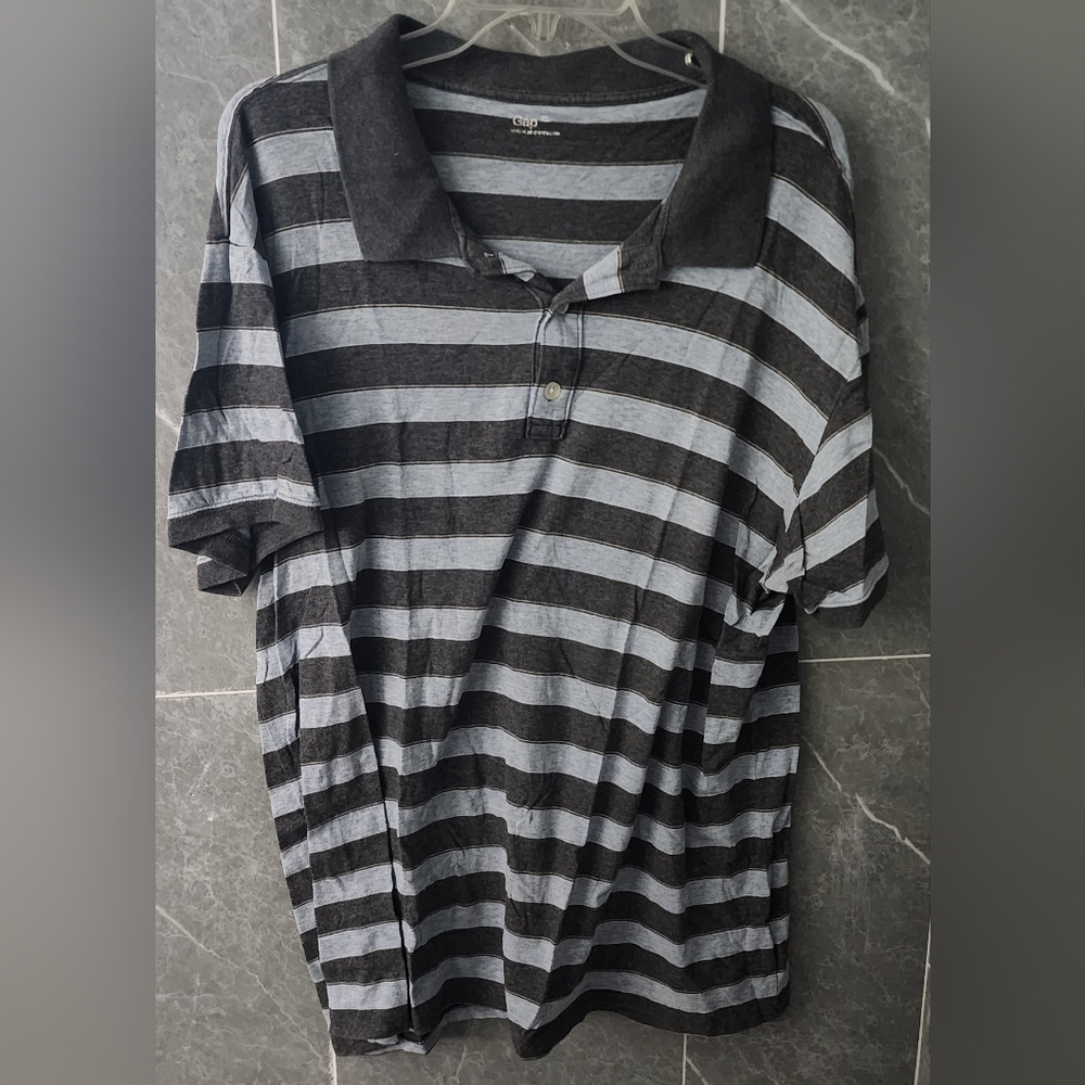 Men's Gap Heather Blue Gray Striped Short Sleeve Polo Shirt Size XL